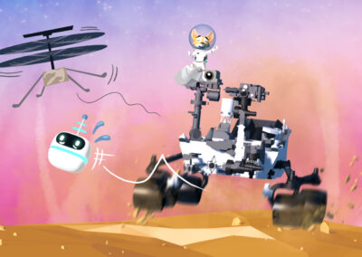 Illustration featuring a cartoon fox, round robot, and the Curiosity Mars rover rolling over a martian landscape.