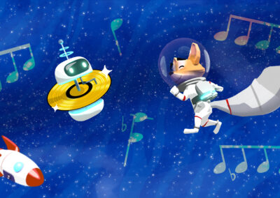 Illustration of a cartoon fox and robot listening to the Golden Record from the Voyager missions.