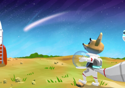 Illustration of a cartoon fox and robot looking at a rocket about to take off into space.