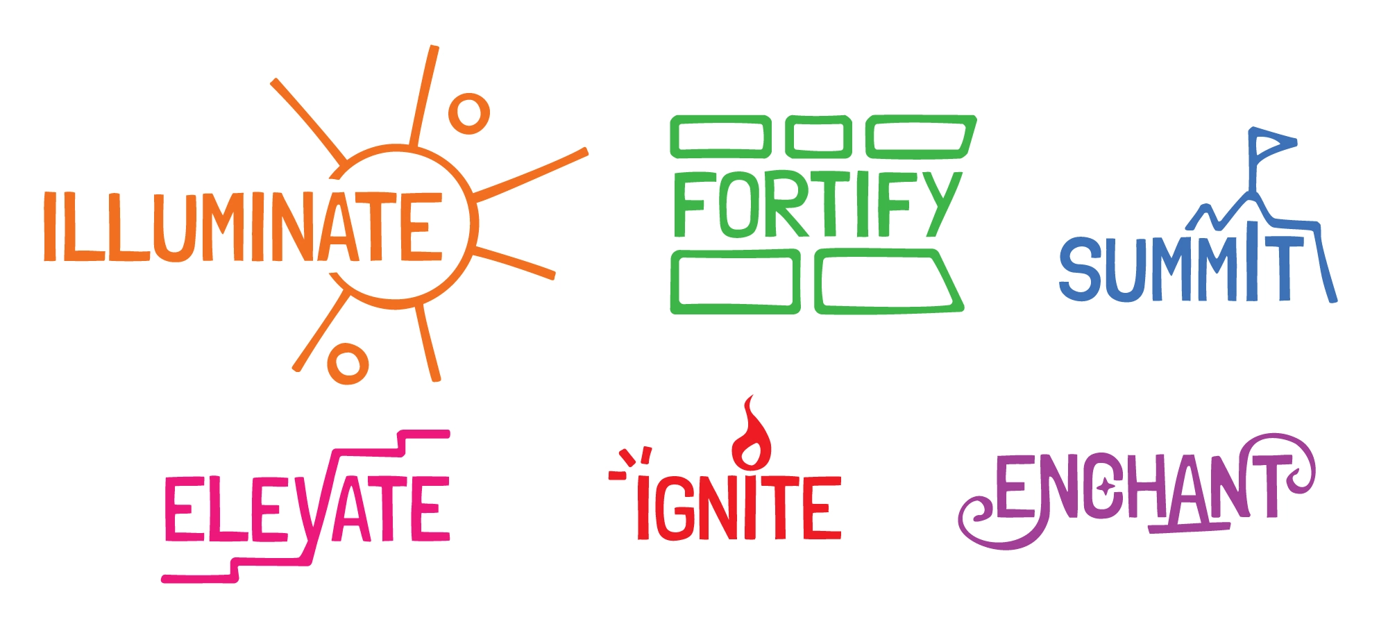 Collection of logos for individual choir groups: Illuminate, Fortify, Summit, Elevate, Ignite, and Enchant.