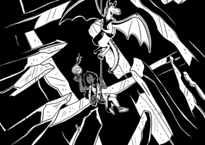 Black and white illustration of a human and dragon-person descending into a crystal cave.