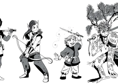 Black and white lineup of heroes from Tiny Dungeon, including a human, fay, dwarf, and tree-person.