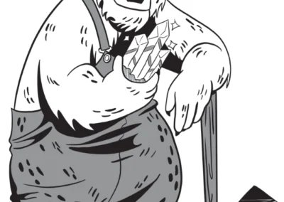 Black and white drawing of a an older bear-person leaning on a pickax and holding a big crystal.