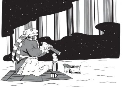 Black and white drawing of a bear-person sitting on a blanket in a snow-covered landscape looking up at the stars and the aurora borealis.