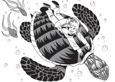 Black and white drawing of a boy holding on to the back of a giant turtle swimming through the water with a couple of curious fish nearby.