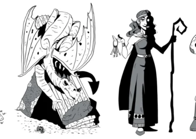 Black and white lineup of villains, including a necromancer, dragon, menacing witch, and highwayman.