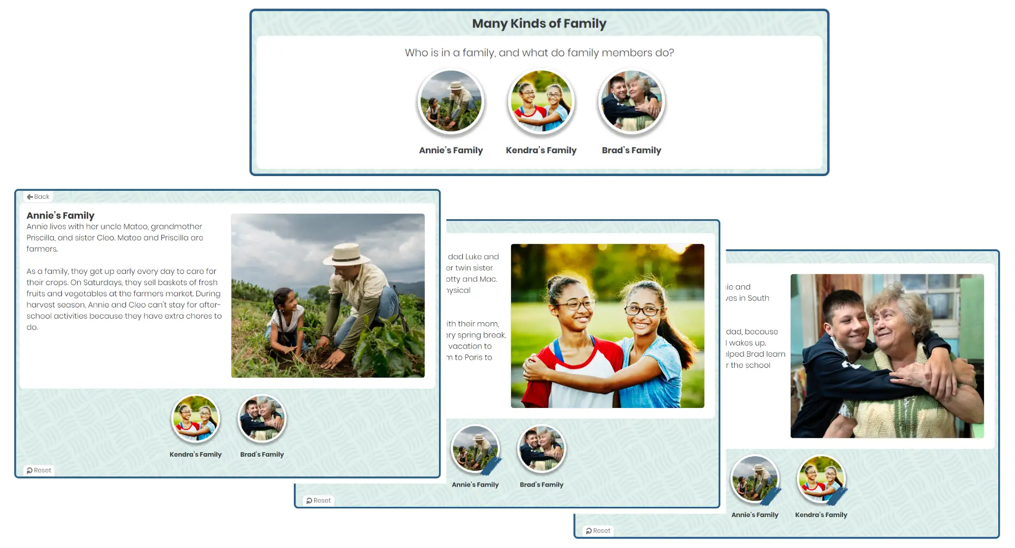 Progress through One Voice 3-5 Branching Component describing three different families.